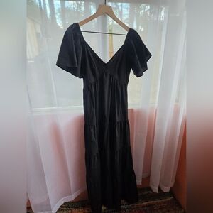 Flutter-Sleeve Black Tiered Maxi Dress